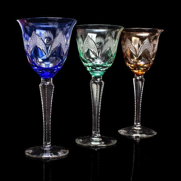 Crystal Wine Glasses | Cut to Clear | Amber, Cobalt, Aquamarine. Mid Century Bar - Picture 11 of 11